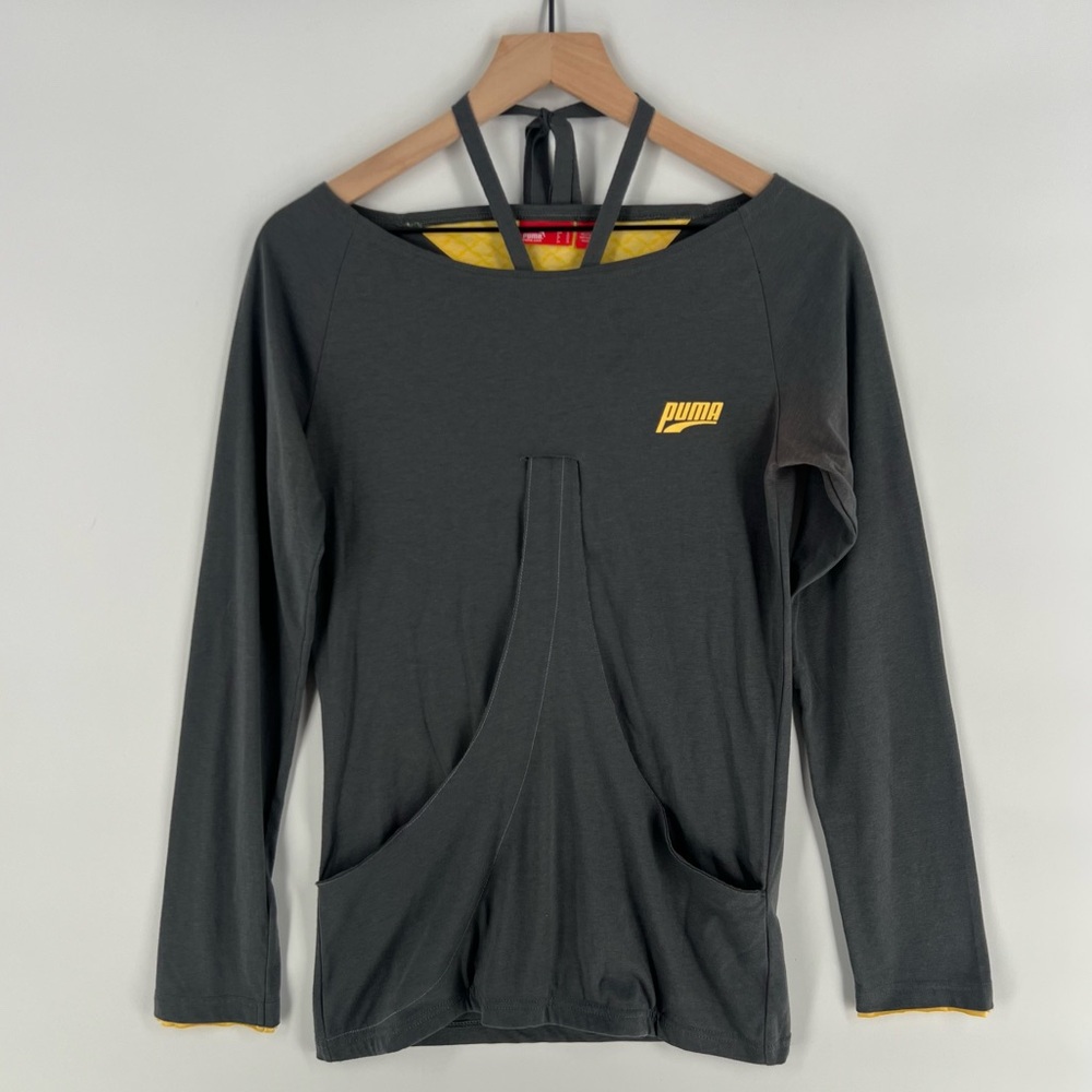 Puma Long Sleeve Tee in Charcoal with Yellow Logo